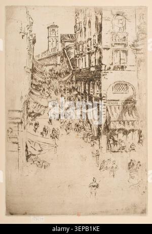 James McNeill Whistler produit une gravure de 1886 intitulée le Rialto, présentant une vue du pont du Rialto à Venise, enregistrant le Ponte di Rialto et l'environnement du canal urbain environnant du paysage urbain vénitien du XIXe siècle. Banque D'Images