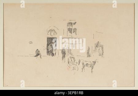 James McNeill Whistler produit une gravure intitulée Gaiety Stage Door en 1879, présentant une entrée de théâtre londonienne où les artistes et le mouvement public convergent autour de la zone de la porte de scène, rendue par une gravure linéaire raffinée et une structure tonale discrète typique de ses études urbaines. Banque D'Images