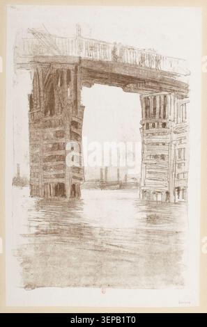 James McNeill Whistler réalise une gravure d'un grand pont à Londres en 1878, présentant une structure ferroviaire urbaine élevée dans le cadre de ses études sur le paysage urbain atmosphérique du Londres industriel. Banque D'Images