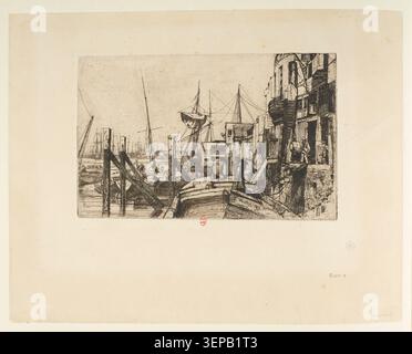 James McNeill Whistler produit en 1859 une gravure de Limehouse sur la Tamise à Londres, montrant un quartier industriel riverain avec une activité de quai et des structures urbaines en bord de mer dans la Grande-Bretagne du XIXe siècle. Banque D'Images