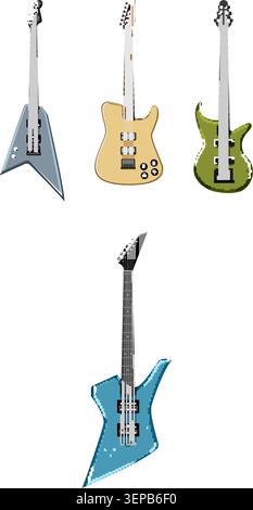 Quatre guitares électriques avec des formes et des couleurs distinctes disposées sur un fond blanc, représentant le rock, le métal et la musique rythmique, idéal pour le groupe, Studi Illustration de Vecteur