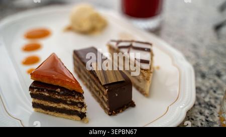Élégants desserts plaqués comprenant un gâteau au chocolat en couches, une tranche de tiramisu et une torte recouverte de caramel avec garniture de chocolat, disposés sur porcelaine blanche Banque D'Images
