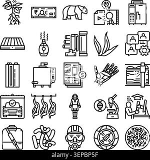 Assortiment d'icônes modernes linéaires illustrant des concepts de divers domaines, y compris la science, la technologie, la robotique, la médecine, ingénierie, éducation Illustration de Vecteur
