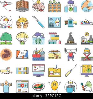 Collection d'icônes de lignes minimales illustrant les voyages, la construction, les soins de santé, le fitness, l'énergie, science, cloud computing et écologie pour l'interface utilisateur, le web et Illustration de Vecteur