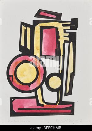 Œuvre géométrique abstraite aux formes circulaires et rectangulaires dans les tons rose, noir et jaune, isolée sur fond blanc. Banque D'Images