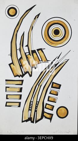 Œuvre d'art géométrique abstraite présentant des formes courbes et des motifs circulaires concentriques dans des tons ocre chauds, isolés sur fond blanc. Banque D'Images