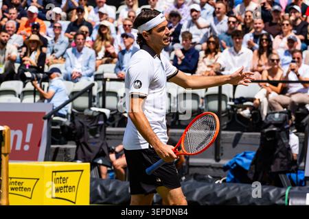 Stuttgart, ALLEMAGNE - 14 juin : Taylor Fritz (USA) lors de la finale des singles entre Ben Shelton (USA) vs Taylor Fritz (USA) au BOSS OPEN 2026, Tennisanlage Weissenhof le 14 juin 2026 à Stuttgart, Allemagne. Banque D'Images