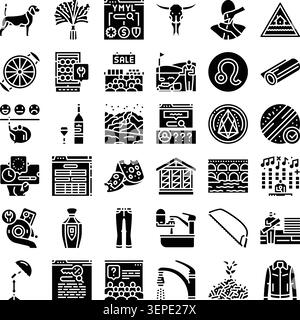 Doté d'une collection complète de diverses icônes de glyphe plat noir et blanc, représentant divers objets, actions et concepts pour Digit moderne Illustration de Vecteur