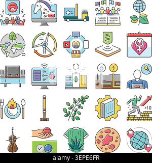 Collection d'icônes illustrant les défis mondiaux, le développement durable, les progrès technologiques, les questions sociales et divers aspects de Illustration de Vecteur