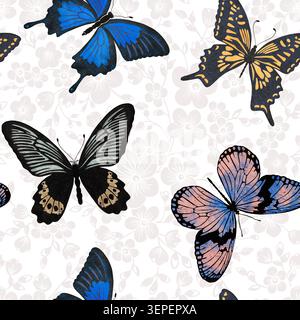 Motif sans couture de papillon coloré à l'aquarelle sur fond floral pâle Banque D'Images