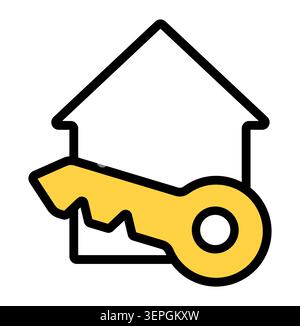 Icône de clé de maison design plat contour noir jaune sur fond blanc Illustration de Vecteur