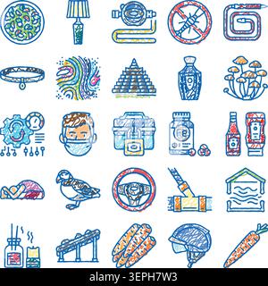 Collection d'icônes de style dessiné à la main comprenant des objets du quotidien, des concepts abstraits, des outils, des articles alimentaires et des équipements de protection, une variété complète pour di Illustration de Vecteur