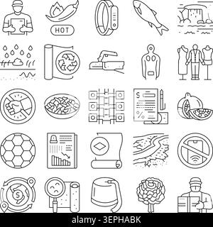 Visualisation de divers secteurs économiques et concepts de mode de vie à travers une collection complète d'icônes de contour, y compris la livraison, la nourriture, la technologie, Illustration de Vecteur