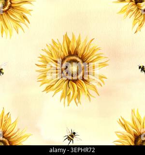 Motif aquarelle de tournesol isolé sur fond jaune. Fleurs florissantes sans couture répéter l'illustration florale botanique peinte à la main. Pour textile Banque D'Images