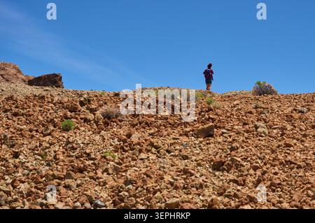 Une randonneuse solitaire avec un sac à dos se dresse sur la crête volcanique rocheuse du sentier Montana Blanca, éclipsé par la vaste pente de l'éboulis ci-dessous, Teide National Banque D'Images