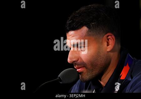 Los Angeles, États-Unis. 14 juin 2026. Le joueur iranien Mehdi Taremi assiste à une conférence de presse au Los Angeles Stadium, aux États-Unis, le 14 juin 2026. Crédit : Bai Xuefei/Xinhua/Alamy Live News Banque D'Images
