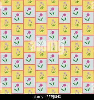 Motif Patchwork floral Vintage sans couture avec des fleurs en blocs à carreaux jaunes et blancs Banque D'Images