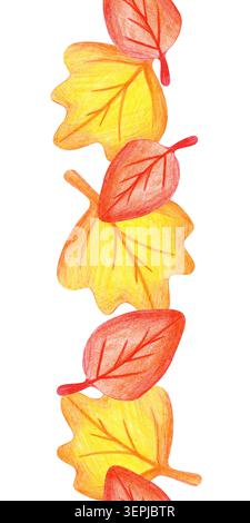 Ruban vertical sans couture vertical de crayon de couleur dessiné à la main de feuillage d'automne brillant. Cette bordure de cadre botanique de saison de haute qualité présente Banque D'Images