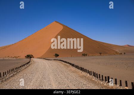 La route de gravier mène à une dune massive de sable orange Banque D'Images