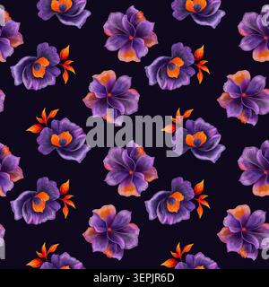 Motif aquarelle sans couture de fleurs violettes sur fond sombre avec des accents orange vif. Design botanique spectaculaire pour les collections d'Halloween Banque D'Images