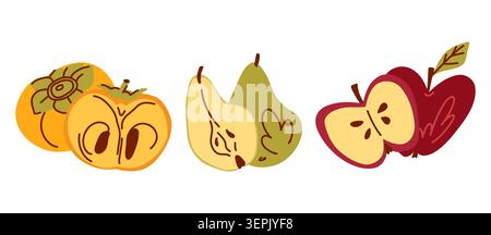 Cueillette de fruits entiers et leurs moitiés, tranches juteuses de pommes, poires et kaki avec des fosses isolées sur blanc, saison de récolte, agriculture locale. Illustration de Vecteur