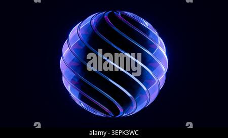 Glass Sphere Spiral Bands Purple Blue Neon Glow Black Background rendu 3D. Banque D'Images