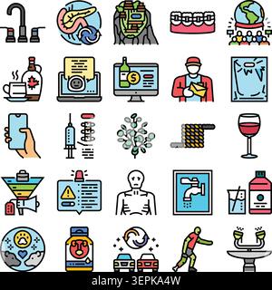 Ensemble d'icônes colorées d'art au trait symbolisant différents aspects comme la santé, les soins médicaux, l'environnement, la logistique, les interactions sociales, choix de style de vie Illustration de Vecteur