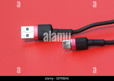 Gros plan d'un câble de chargement USB tressé noir avec des accents métalliques rouges sur un fond rouge vif Banque D'Images