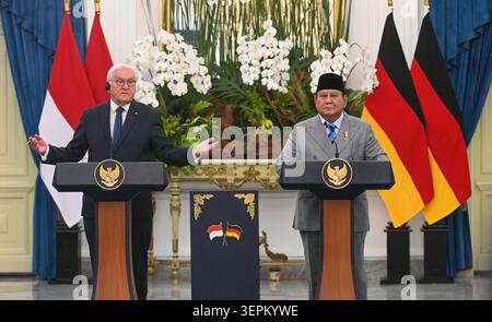 Jakarta, Indonésie. 15 juin 2026. Le président indonésien Prabowo Subianto (à droite) et le président allemand Frank-Walter Steinmeier assistent à une conférence de presse conjointe au Palais Merdeka à Jakarta, en Indonésie, le 15 juin 2026. Prabowo a invité lundi l'Allemagne à participer à la chaîne d'approvisionnement en minéraux critiques de l'Indonésie, y compris les terres rares, alors que les deux pays cherchaient à approfondir la coopération économique. Crédit : Zulkarnain/Xinhua/Alamy Live News Banque D'Images