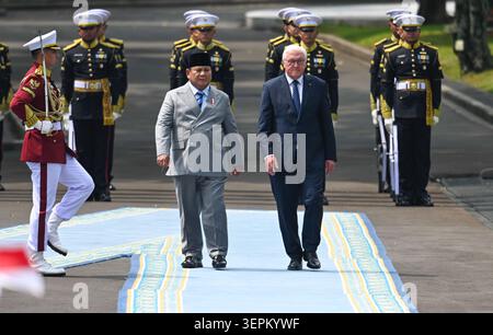 Jakarta, Indonésie. 15 juin 2026. Le président indonésien Prabowo Subianto (l) et le président allemand Frank-Walter Steinmeier inspectent la garde d'honneur au palais Merdeka à Jakarta, Indonésie, le 15 juin 2026. Prabowo a invité lundi l'Allemagne à participer à la chaîne d'approvisionnement en minéraux critiques de l'Indonésie, y compris les terres rares, alors que les deux pays cherchaient à approfondir la coopération économique. Crédit : Zulkarnain/Xinhua/Alamy Live News Banque D'Images