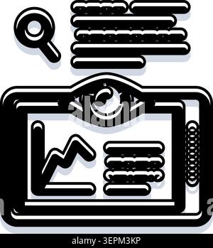 Tablette avec graphiques commerciaux, analyse de données et icône en forme d'œil symbolisant la surveillance, ainsi qu'une loupe et du texte, représentant une réécoute détaillée Illustration de Vecteur
