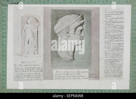 Charles Rouge illustre un marbre antique découvert à Kœnigshoven près de Strasbourg en 1867, documentant le matériel archéologique romain conservé dans les collections du musée de Strasbourg et reflétant des découvertes d'antiquités de la région Alsace. Banque D'Images