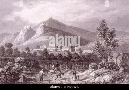 Une vue générale de Ribeauvillé est présentée dans une image de 1842 montrant le tracé de la ville et le paysage alsacien environnant tels qu'ils sont consignés dans la documentation régionale du début du XIXe siècle. Banque D'Images