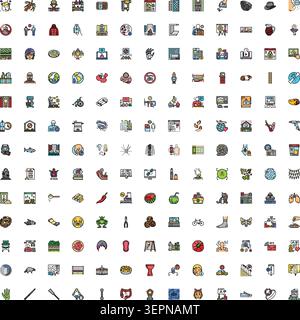 Collection d'icônes numériques montrant les affaires, la santé, la technologie et les objets du quotidien pour le web et l'application Uiux, avec symboles vectoriels plats pour les interfaces, Illustration de Vecteur