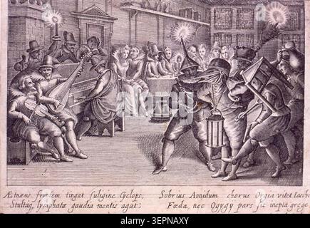 Jacob van der Heyden crée des scènes morales étudiantes illustrées en 1618 accompagnées de versets latins, reflétant un commentaire allégorique sur le comportement étudiant et la conduite morale dans la culture académique de Strasbourg. Banque D'Images