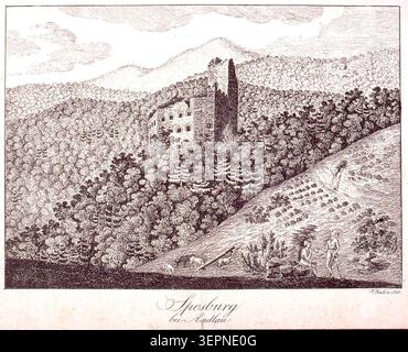 La gravure présente le château de Spesbourg près d'Andlau en 1815, où une structure fortifiée au sommet d'une colline s'élève au-dessus d'un terrain boisé d'Alsace avec des pierres défensives restantes définissant un bastion médiéval situé dans le paysage des contreforts vosgiens. Banque D'Images