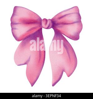 Illustration aquarelle élégant noeud en ruban rose. Nœud d'arc en satin doux ou gros-grain dessiné à la main pour les anniversaires, anniversaires, invitations de fête, enfants Banque D'Images