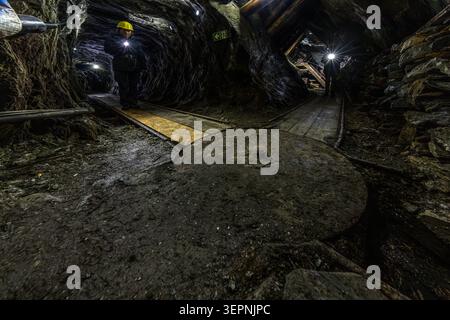 Un visiteur portant une lampe de casque se tient sur la passerelle en bois de la mine d’exposition Hochfeld ; en arrière-plan, la lumière d’une deuxième personne est visible dans le réseau de galeries ramifiées. Un panneau vert de voie d’évacuation marque la sortie de secours de l’ancienne mine de cuivre. Rosental, Neukirchen am Großvenediger, district de Zell am See, Salzbourg, 5741, Autriche Banque D'Images