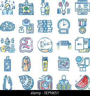 Collection d'icônes de style de vie et d'affaires variées avec un style de doodle dessiné à la main, représentant les activités quotidiennes, la santé, la nourriture et les concepts modernes Illustration de Vecteur