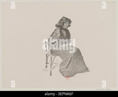 Steinlen produit une composition lithographique d'une figure féminine assise dans une tradition d'illustration française du début du XXe siècle, reflétant l'approche stylistique de la fin du siècle et l'étude de portraits décoratifs exécutés dans le contexte d'un studio parisien. Banque D'Images