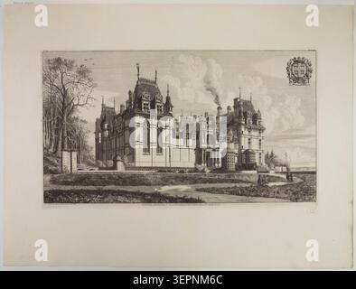 Une gravure d’après Octave de Rochebrune représente l’entrée principale du Château d’Écouen telle qu’elle a été reconstruite sous Louis XIV, publiée en 1866 montrant une perspective architecturale et des éléments décoratifs héraldiques associés à la façade du château. Banque D'Images