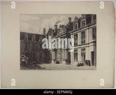 La gravure présente les façades de la cour du château d’Écouen dans le Val-d’Oise, retraçant les structures architecturales Renaissance et les élévations de la cour intérieure dessinées par Octave de Rochebrune en 1865 avec des détails structuraux précis. Banque D'Images