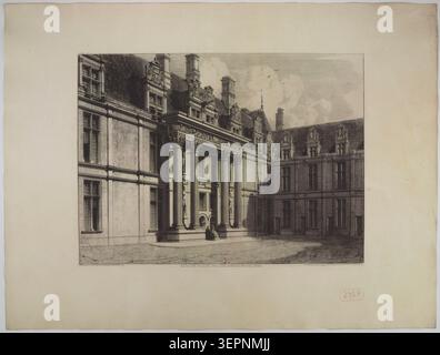 Octave de Rochebrune réalise en 1865 une gravure présentant les façades du château d'Ecouen et des figures d'esclaves inspirées de Michel-Ange, enregistrant la composition architecturale et les références sculpturales à Écouen dans le Val-d'Oise, France, dans le cadre d'une étude architecturale détaillée du XIXe siècle. Banque D'Images