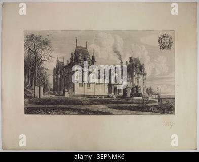 Un deuxième état gravé par Octave de Rochebrune présente l’entrée du Château d’Écouen sous Louis XIV avec des détails de marque graveur ajoutés, émis en 1866 montrant une composition architecturale raffinée et un décor héraldique de la façade du château. Banque D'Images