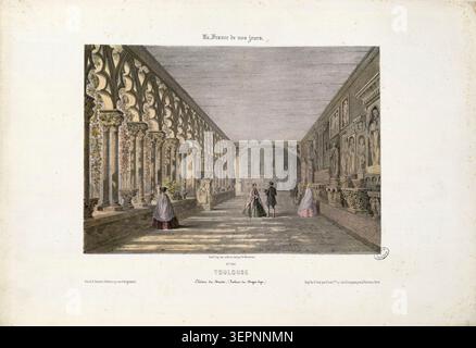 La galerie du musée du cloître forme des arcades médiévales voûtées dans le complexe Augustin de Toulouse, présentant des sculptures dans des arches de pierre et des allées de cour reflétant les pratiques d'exposition du patrimoine du XIXe siècle Banque D'Images