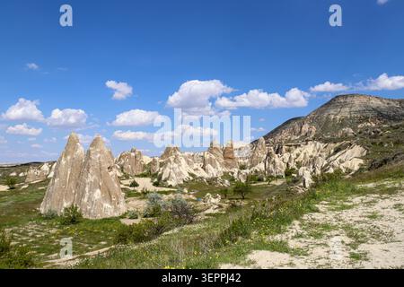 Cette superbe photo capture les formations rocheuses uniques de la Cappadoce sous un ciel bleu vif. Banque D'Images