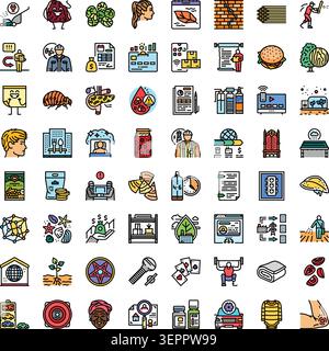 Collection d'icônes de dessin au trait minimal illustrant divers concepts, y compris les affaires, la nature, la nourriture, la santé, la construction, et les activités de style de vie, s Illustration de Vecteur
