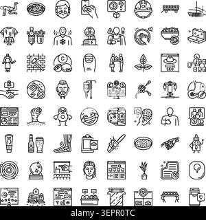 Collection d'icônes polyvalentes de ligne noire et blanche représentant la santé, la finance, la technologie, les professions et la vie quotidienne pour le web, les applications mobiles, infog Illustration de Vecteur