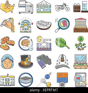 Collection d'icônes colorées illustrant un large éventail de sujets, y compris la technologie, la santé, la science, la nourriture, l'architecture, industrie et envir Illustration de Vecteur