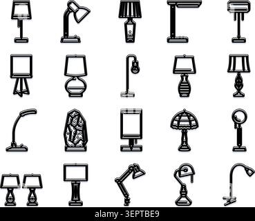 Collection de lampes assorties et luminaires table, sol, bureau et dessins décoratifs en contour noir sur fond blanc, maison moderne et de Illustration de Vecteur
